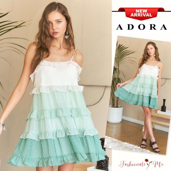 ADORA Swiss Dot Ombre Ruffled Tiered Adjustable Strap Babydoll Dress | Gum Leaf - Picture 1 of 7